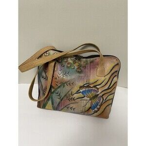 Anuschka Handpainted Leather Zip around HandBag Butterfly  Floral Print